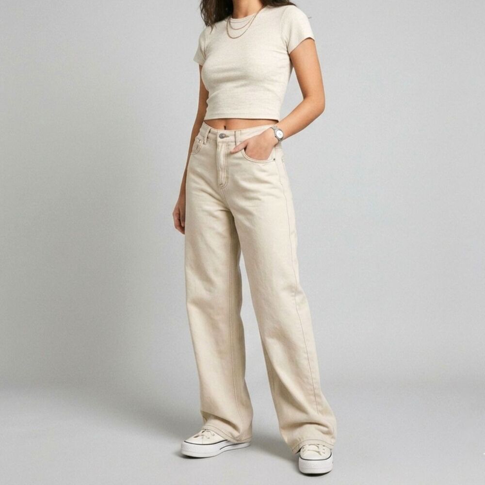 Bershka High Waisted Wide Leg Jeans Womens 6 28 Ecru Beige Denim Contrast Stitch